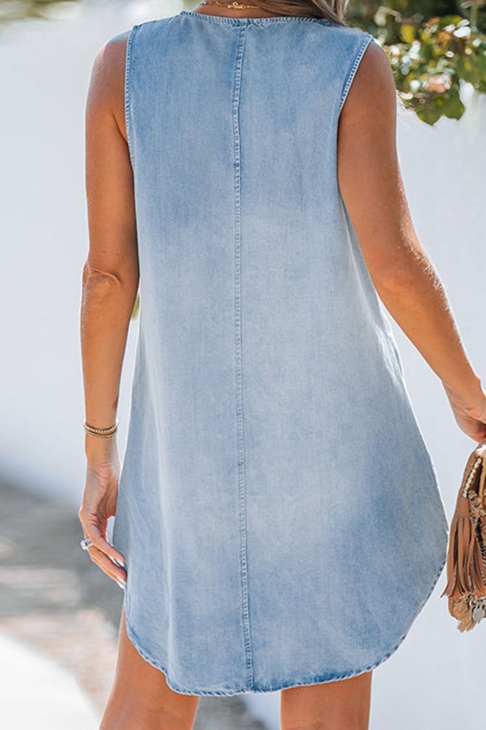 Notched Sleeveless Denim Dress   