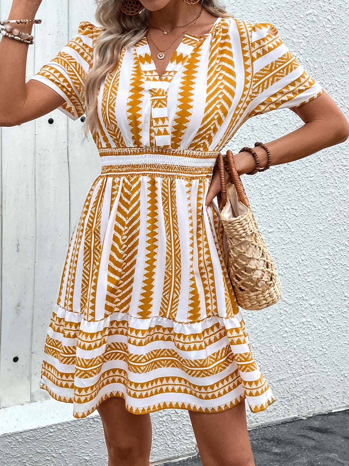 Geometric Notched Short Sleeve Mini Dress   