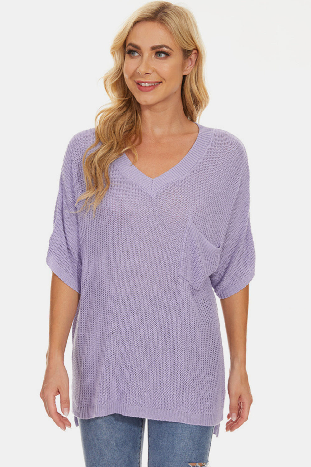 STUNNLY  Pocketed V-Neck Half Sleeve Knit Top   