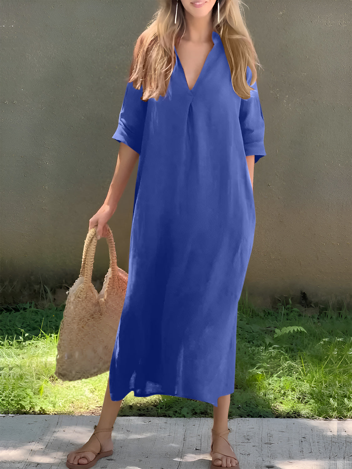 Full Size Notched Half Sleeve Midi Dress Royal Blue S 