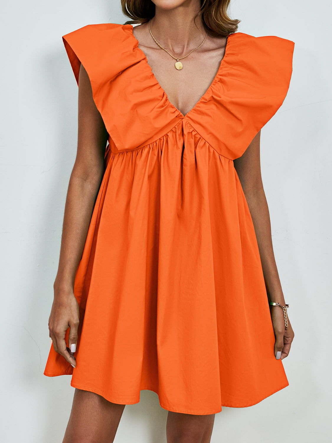 V-Neck Cap Sleeve Mini Dress Tangerine S 