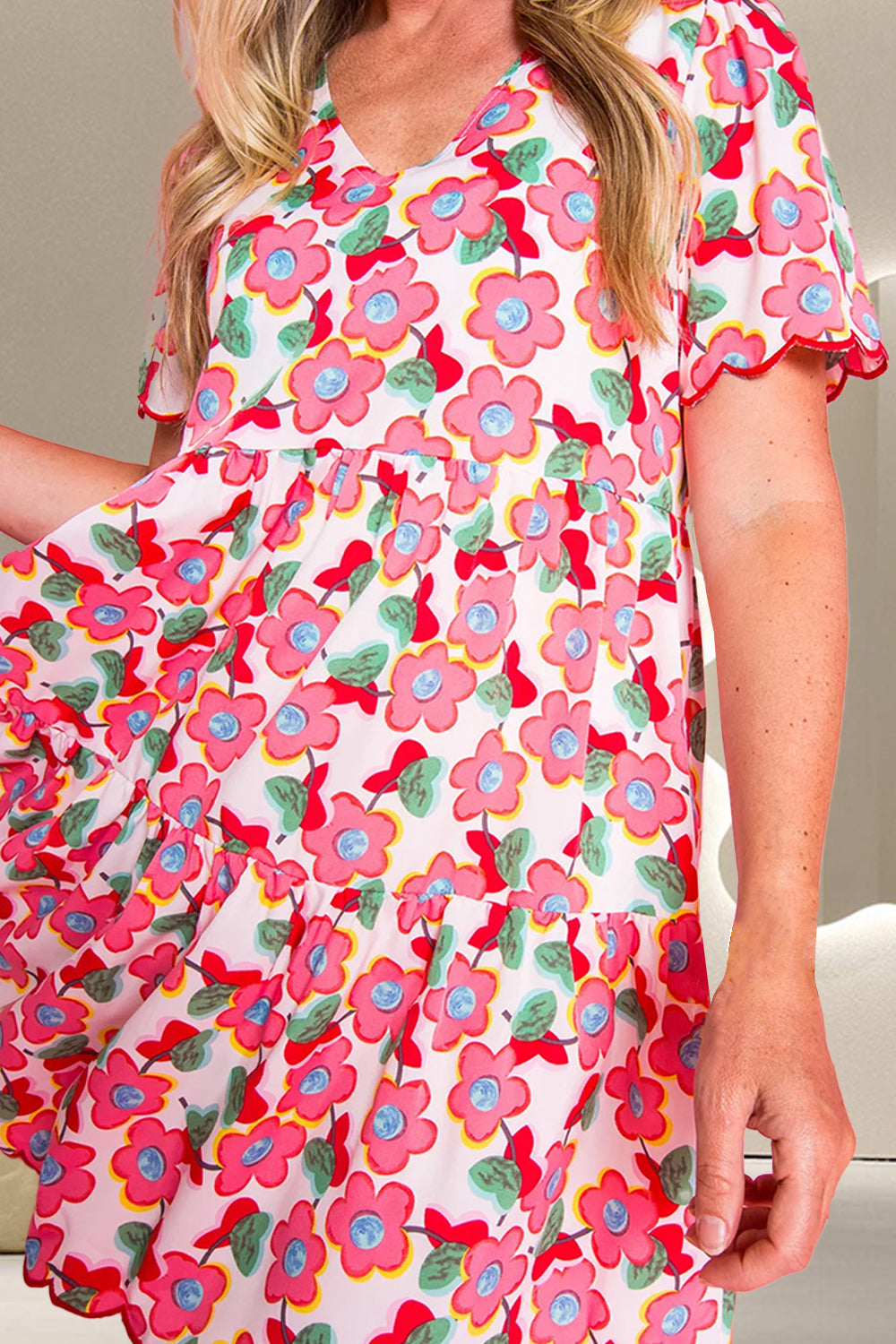 Scalloped Hem Flower Printed Short Sleeve Dress   