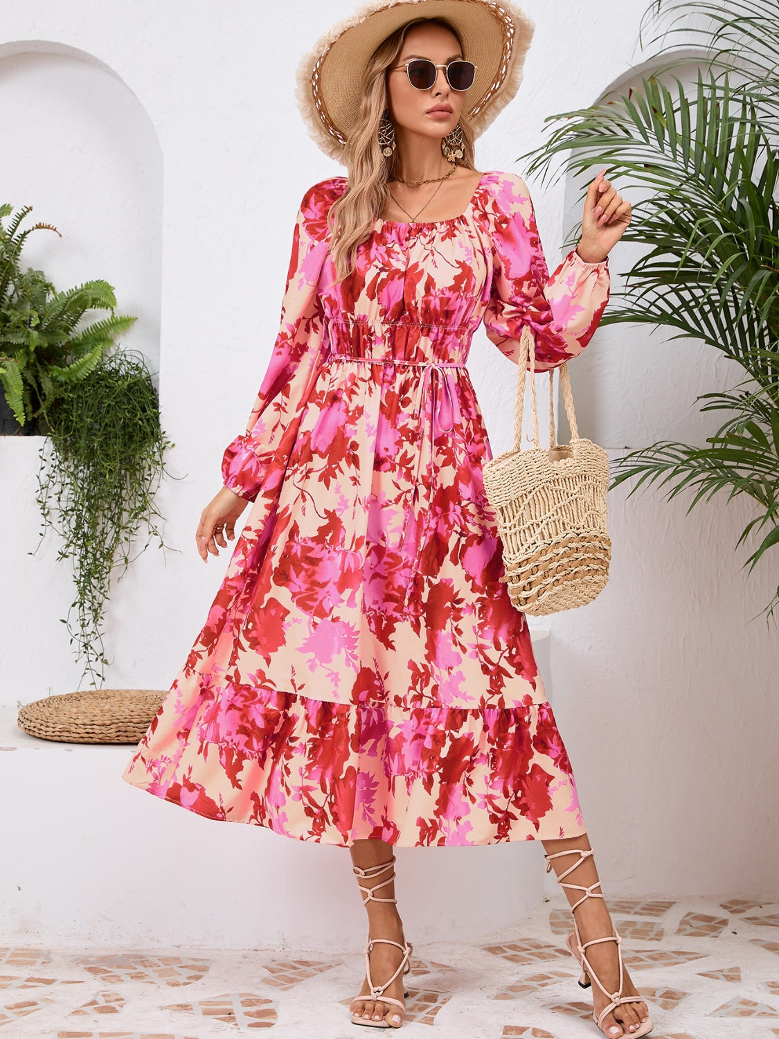 Printed Long Sleeve Midi Dress Deep Rose S 