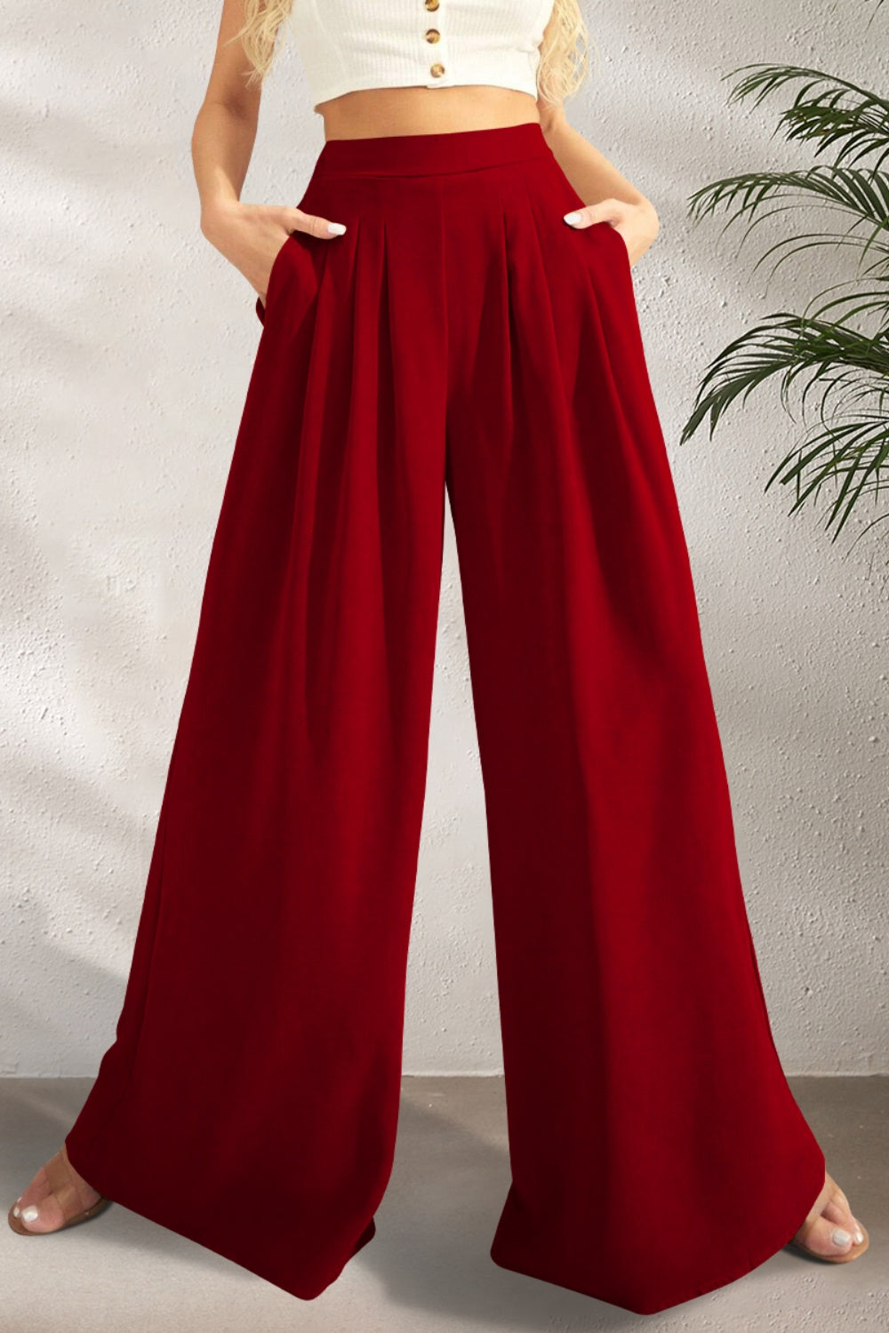 STUNNLY  Pocketed High Waist Wide Leg Pants Wine S 