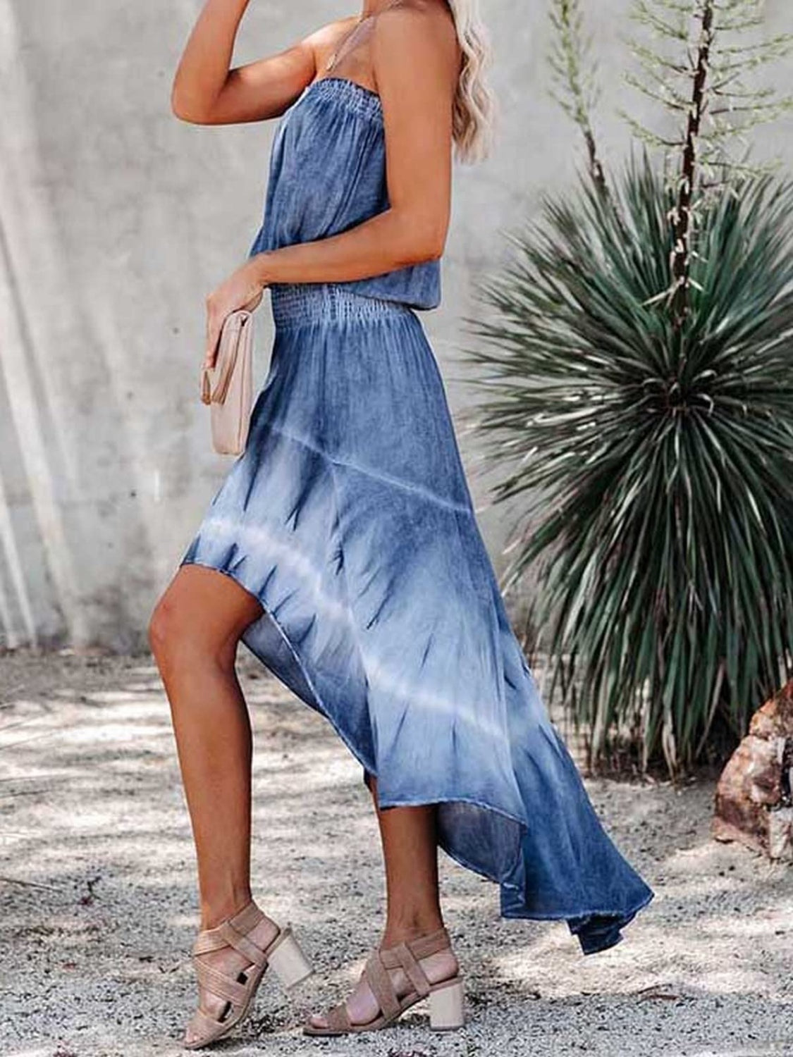 STUNNLY  Smocked High-Low Tube Denim Dress   