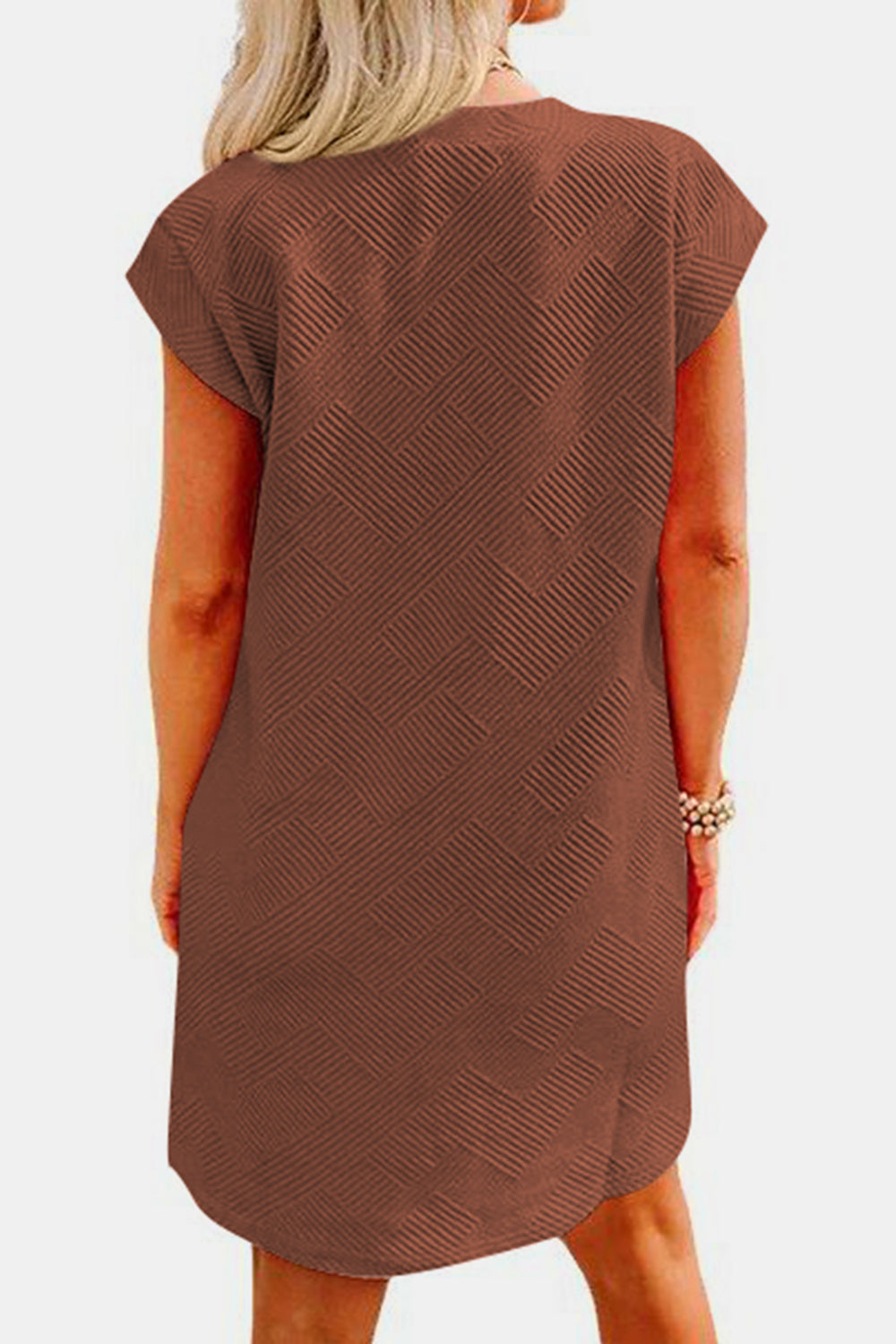 STUNNLY  Textured Round Neck Cap Sleeve Dress   