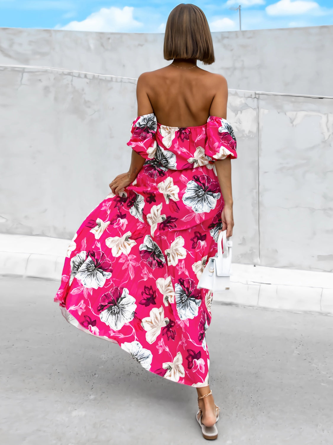 Pleated Floral Off-Shoulder Short Sleeve Midi Dress   