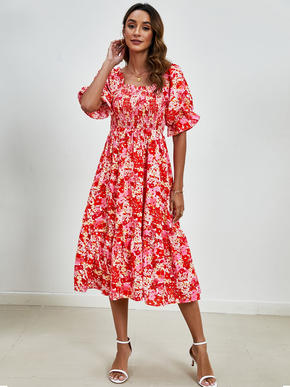 Smocked Floral Square Neck Short Sleeve Dress   