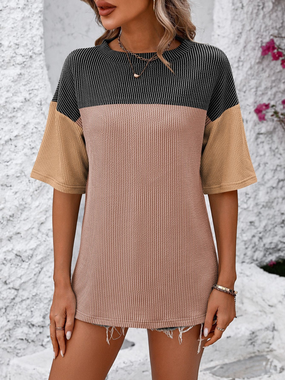 STUNNLY  Color Block Round Neck Half Sleeve T-Shirt   