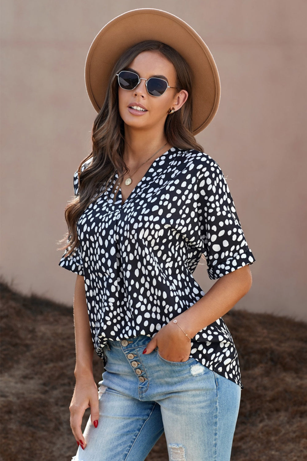 Printed V-Neck Half Sleeve Blouse   