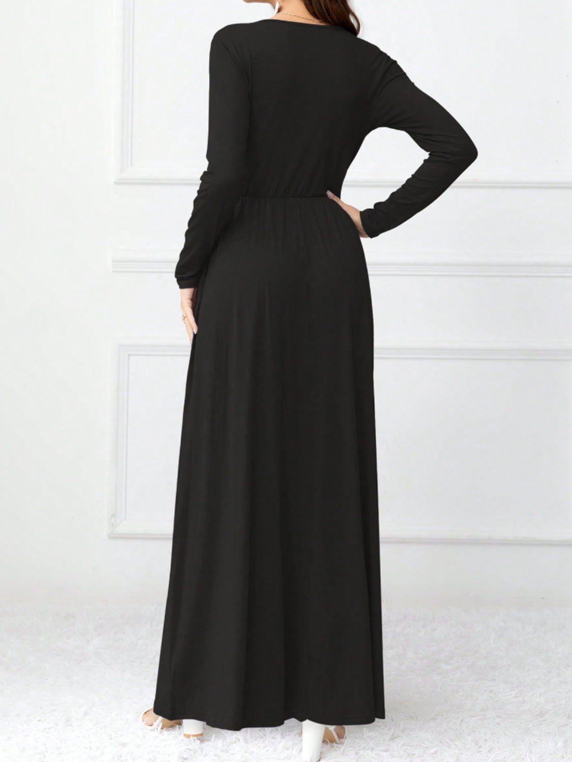 Pocketed Surplice Long Sleeve Maxi Dress   