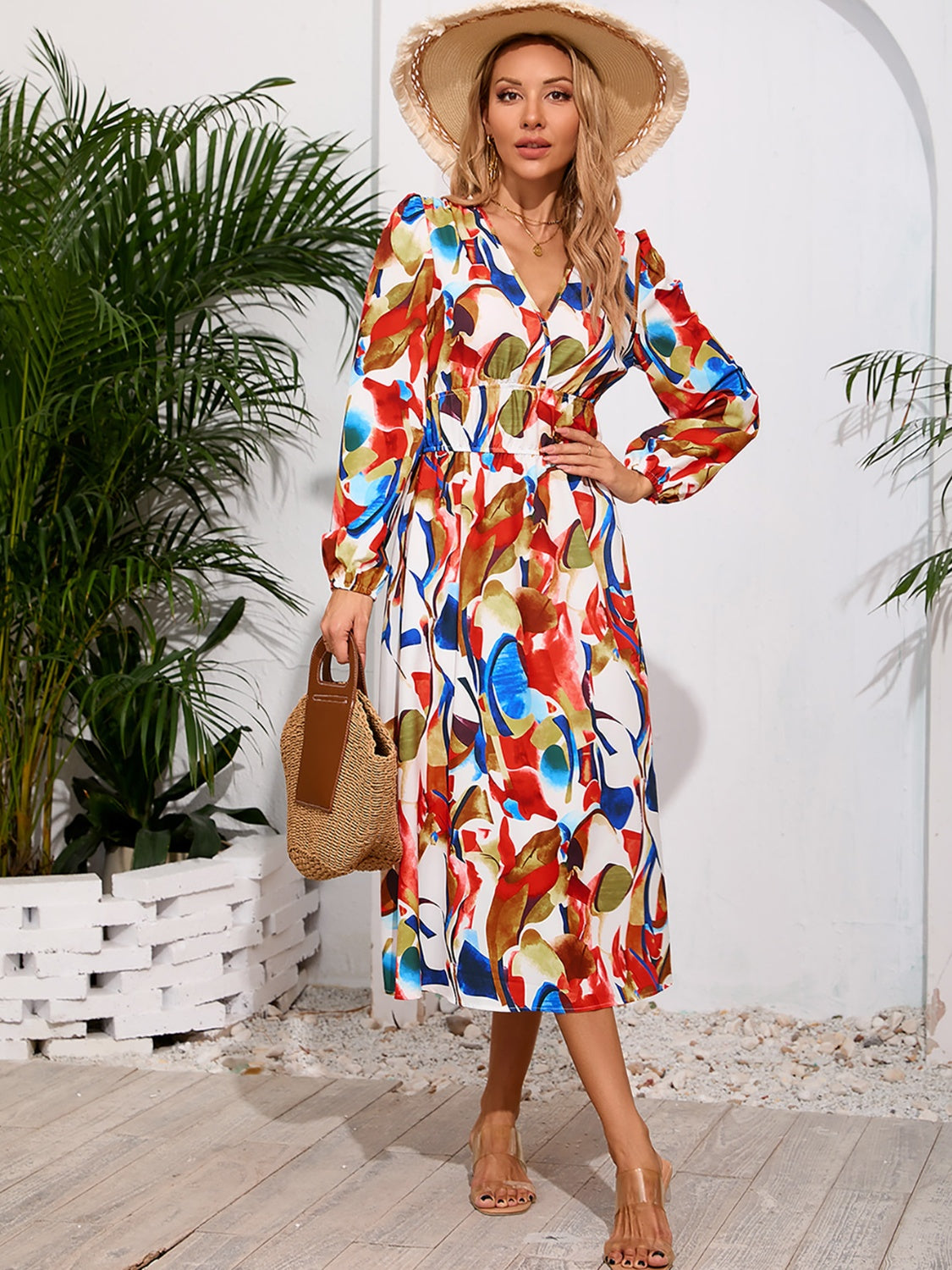 Printed Surplice Long Sleeve Midi Dress   