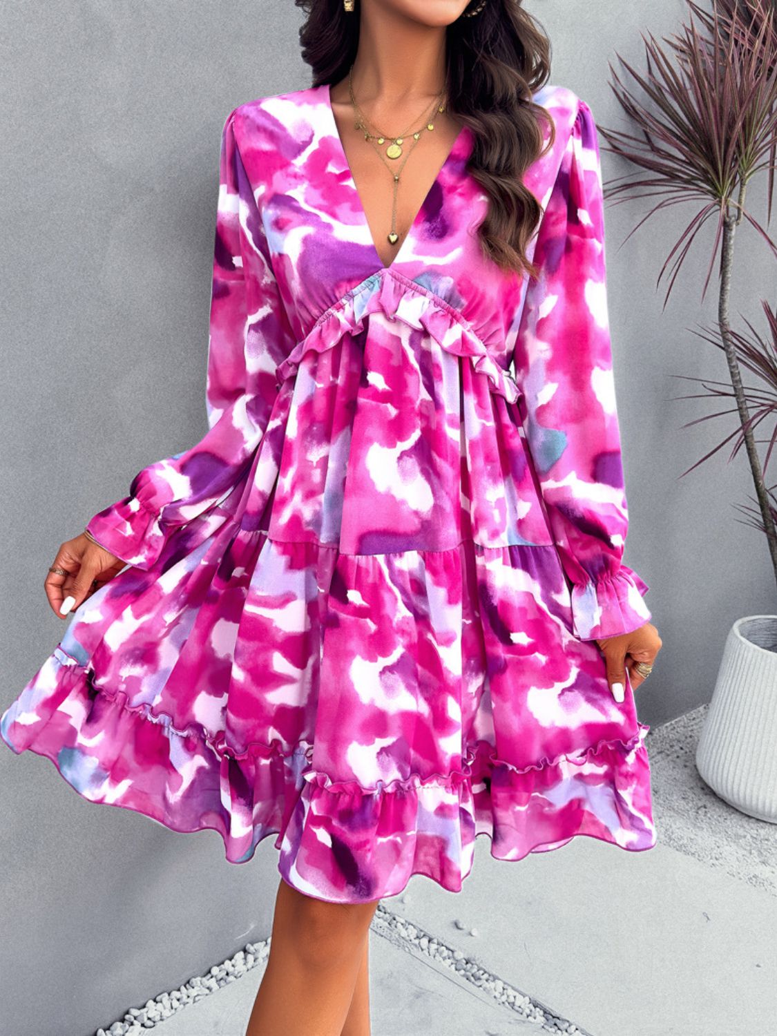 Backless Printed V-Neck Flounce Sleeve Dress   