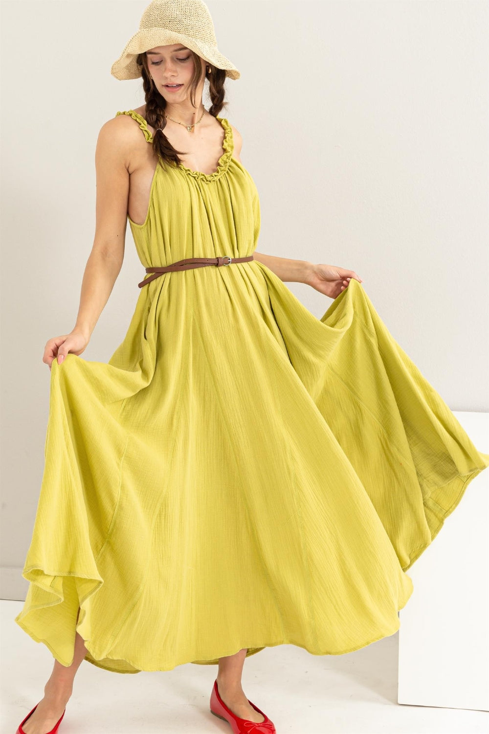 HYFVE Frill Sleeveless A-Line Maxi Dress Olive S 