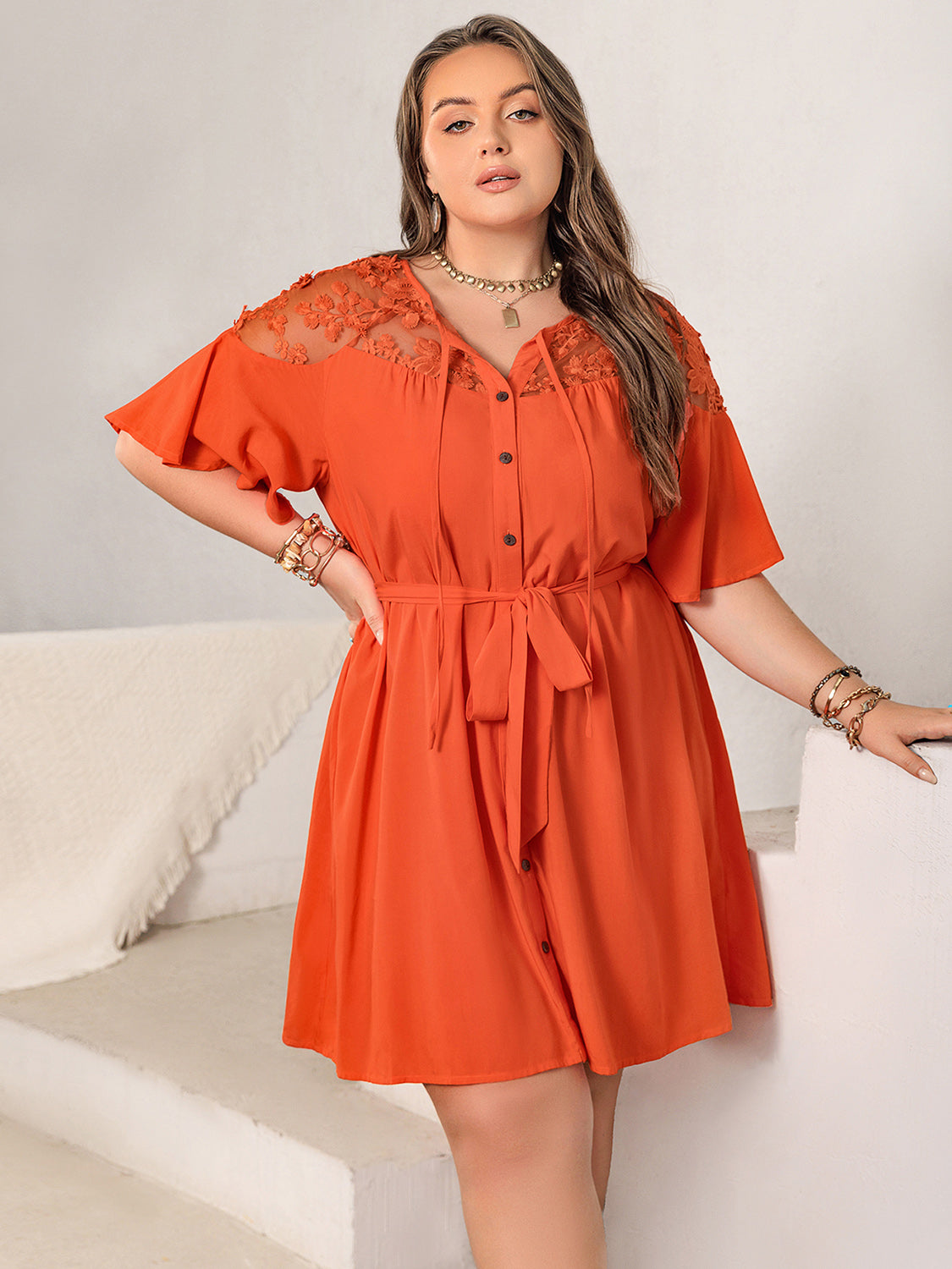 Plus Size Lace Button Up Half Sleeve Dress   