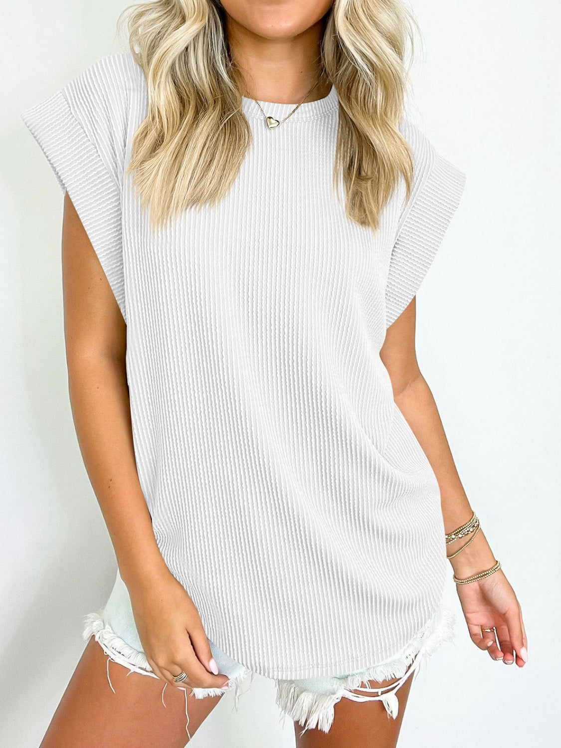 Textured Round Neck Cap Sleeve Blouse White S 