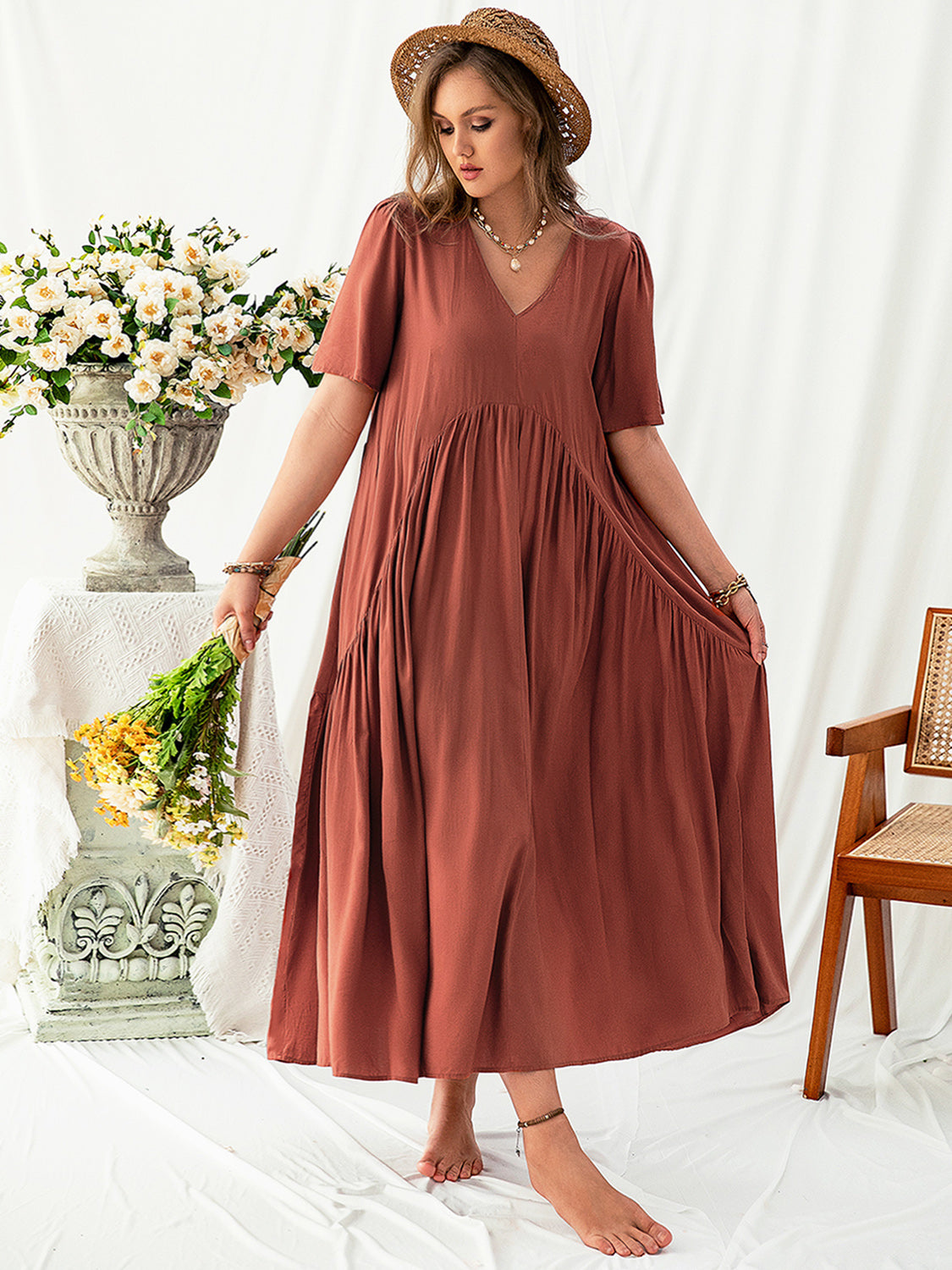 Plus Size V-Neck Flutter Sleeve Midi Dress   