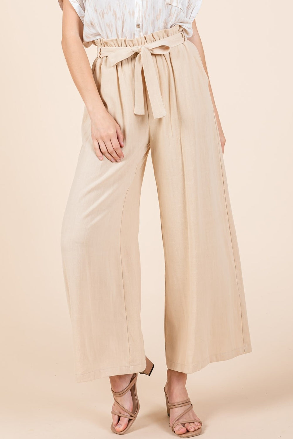 Mittoshop High Waist Tie Front Wide Leg Pants Natural S 