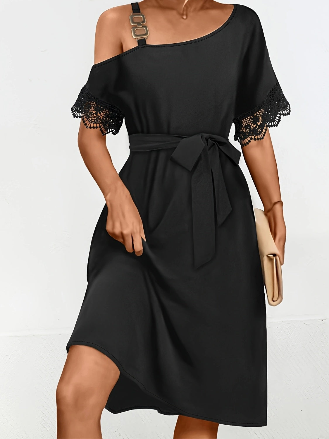 Lace Detail Asymmetrical Neck Short Sleeve Dress Black S 