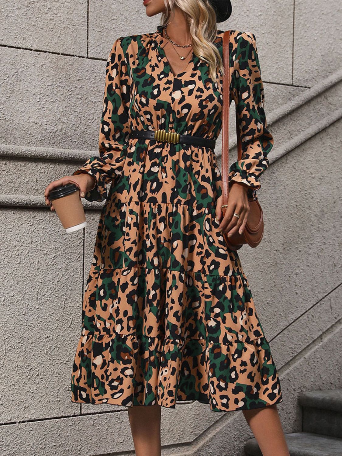 Leopard Notched Flounce Sleeve Midi Dress   