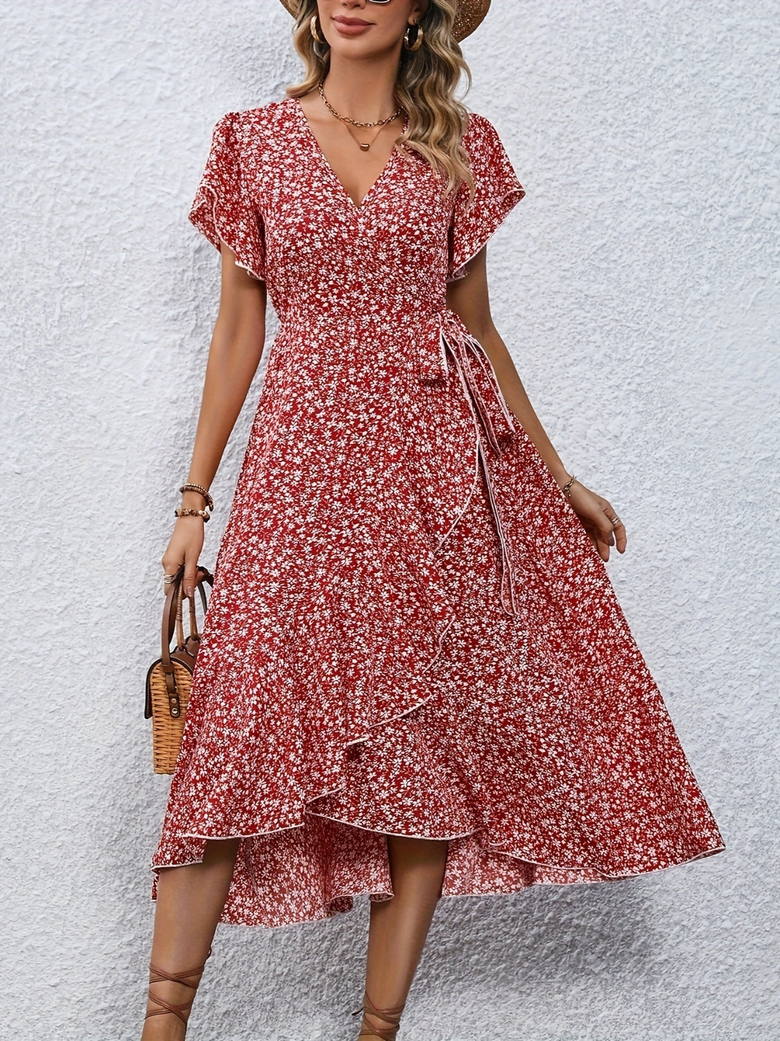 Printed Surplice Flutter Sleeve Midi Dress Deep Red S 