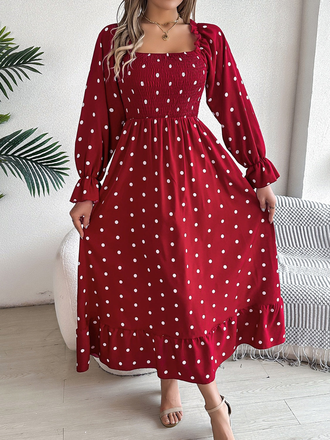 Polka Dot Flounce Sleeve Midi Dress Burgundy S 