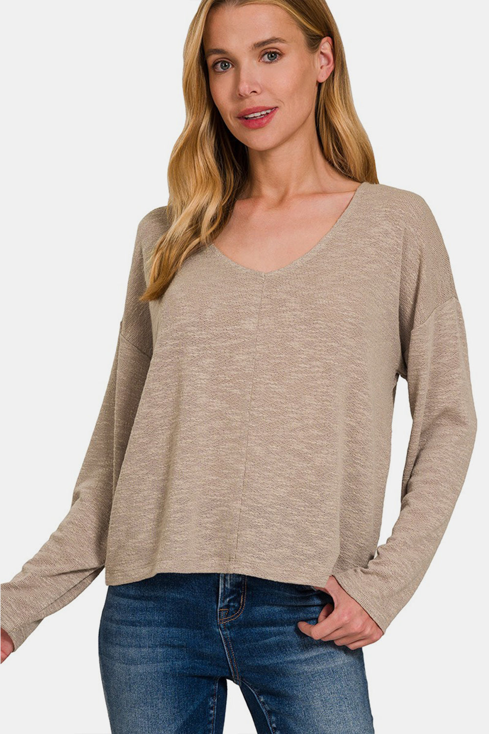 Zenana Dropped Shoulder Long Sleeve T-Shirt Lt Mocha S 