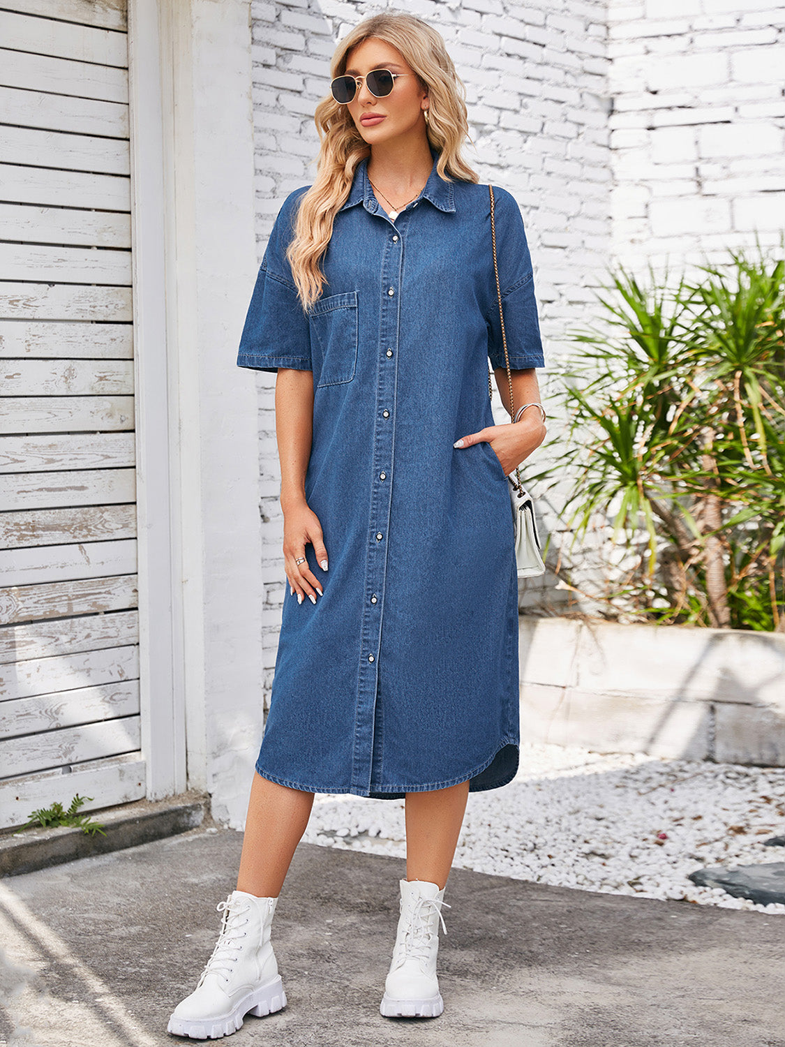 Button Down Half Sleeve Denim Dress   