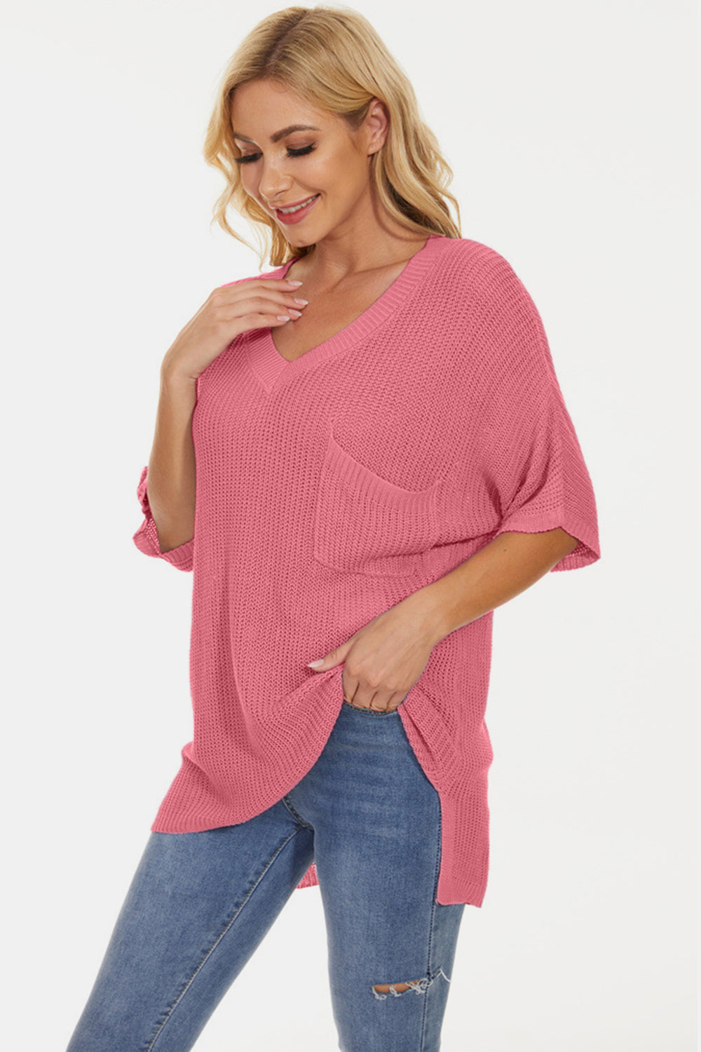 STUNNLY  Pocketed V-Neck Half Sleeve Knit Top   