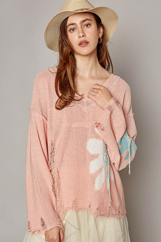 STUNNLY  POL Distressed Flower V-Neck Dropped Shoulder Knit Top Peach Blush S 