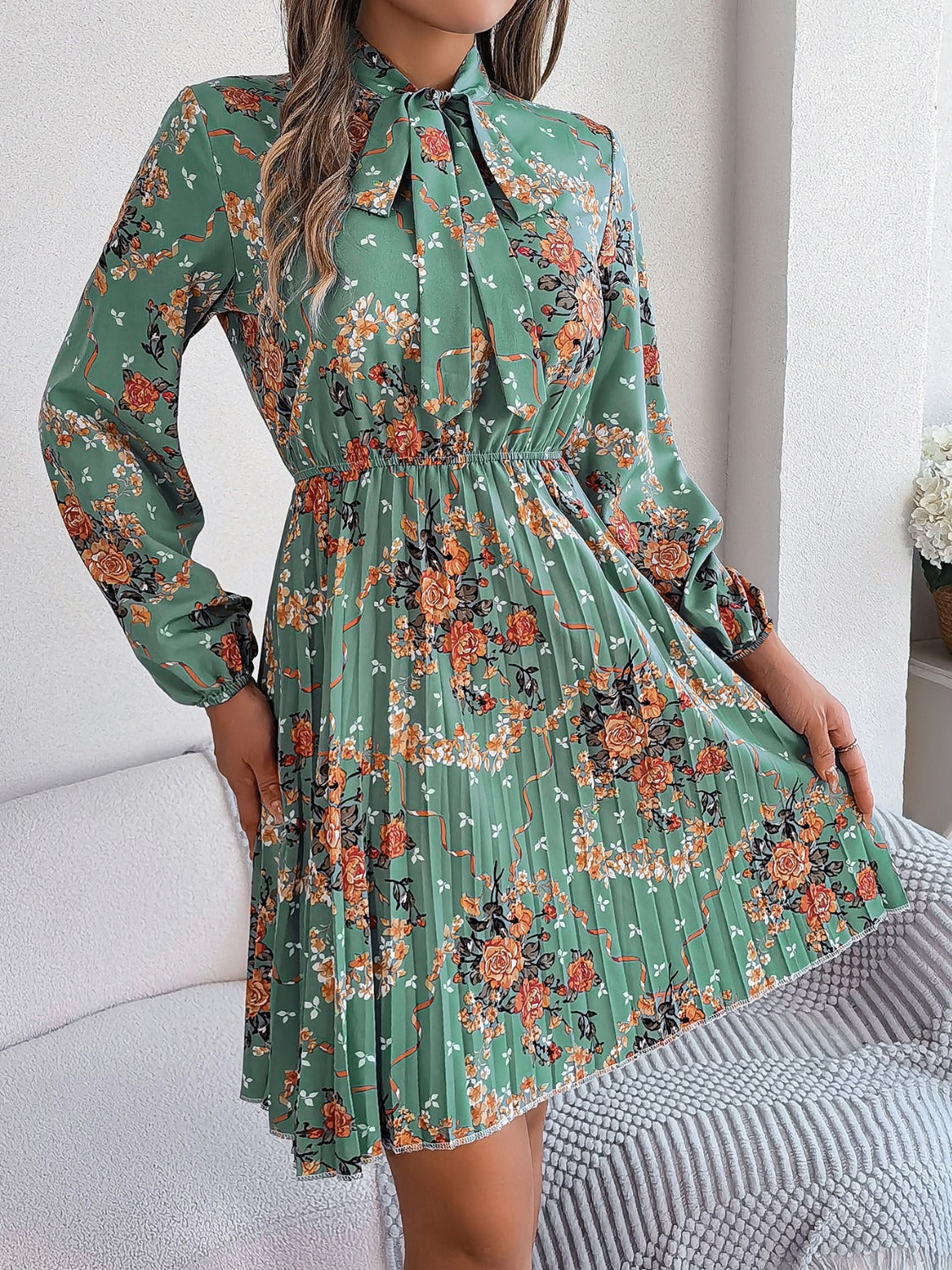 Pleated Printed Tie Neck Long Sleeve Dress   