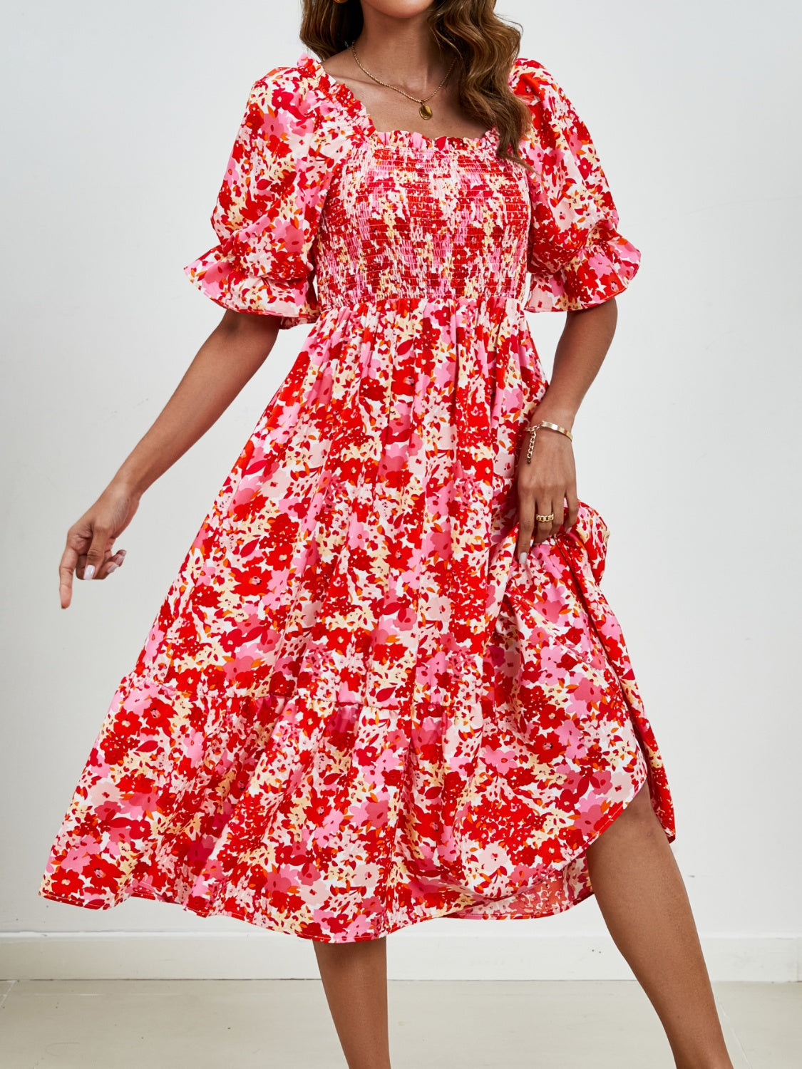 Smocked Floral Square Neck Short Sleeve Dress   