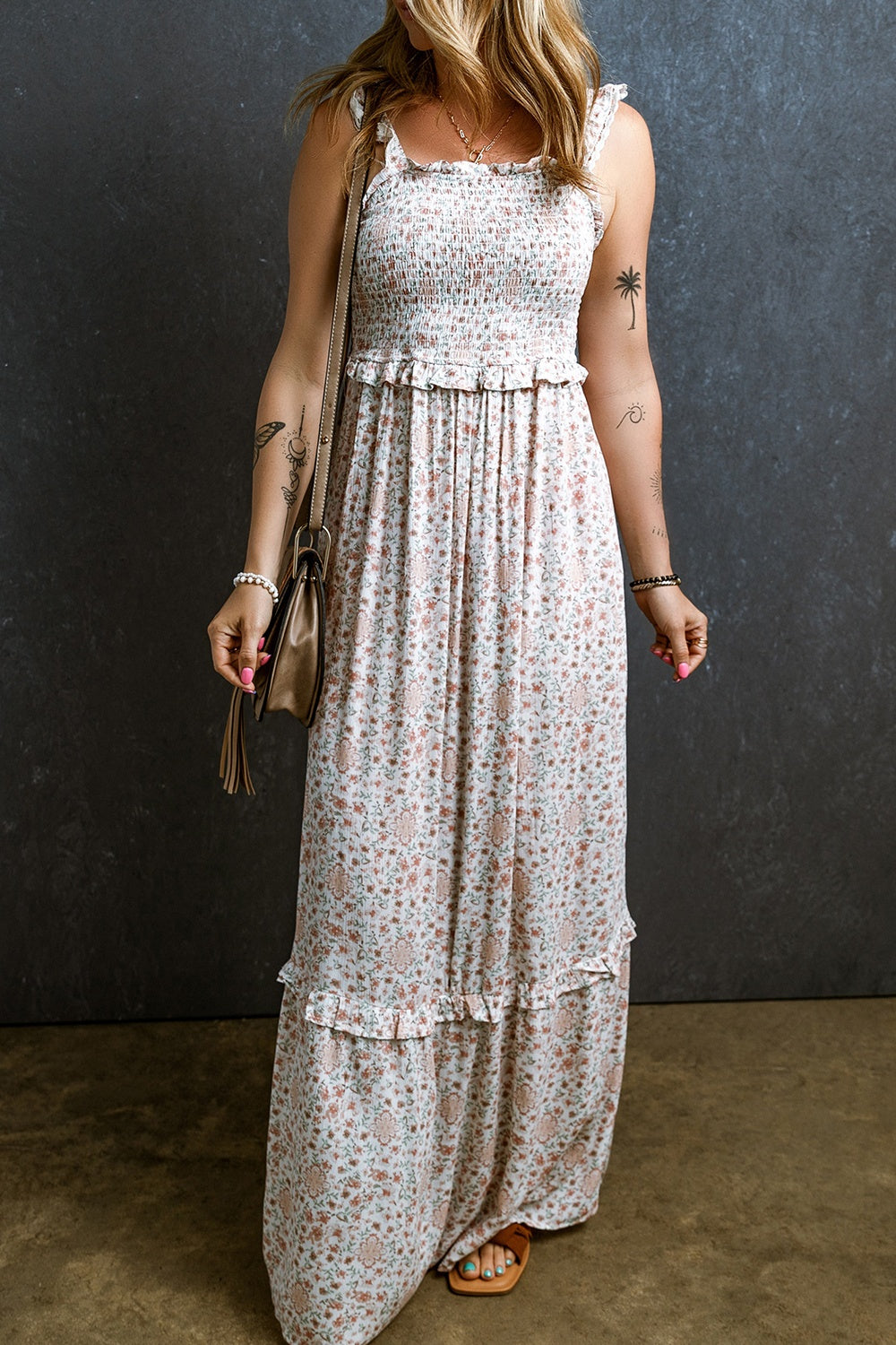 Ruffled Smocked Printed Sleeveless Maxi Dress   