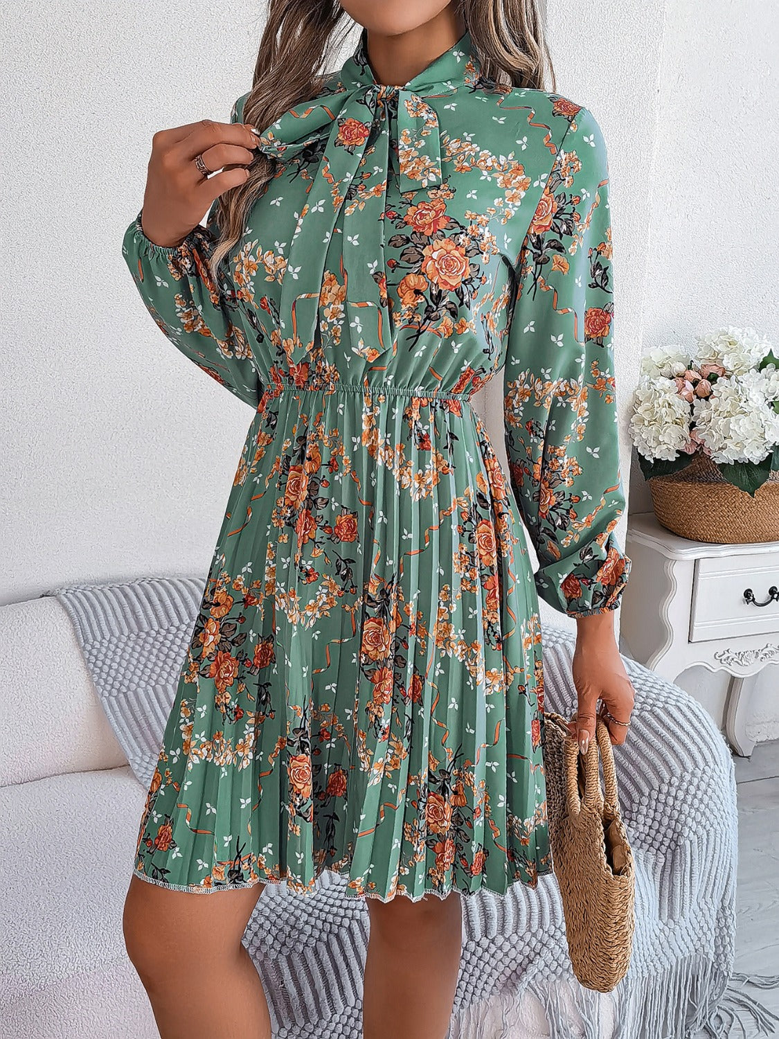 Pleated Printed Tie Neck Long Sleeve Dress   