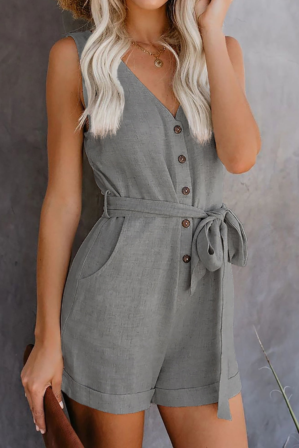 Full Size Tied V-Neck Sleeveless Romper with Pockets   