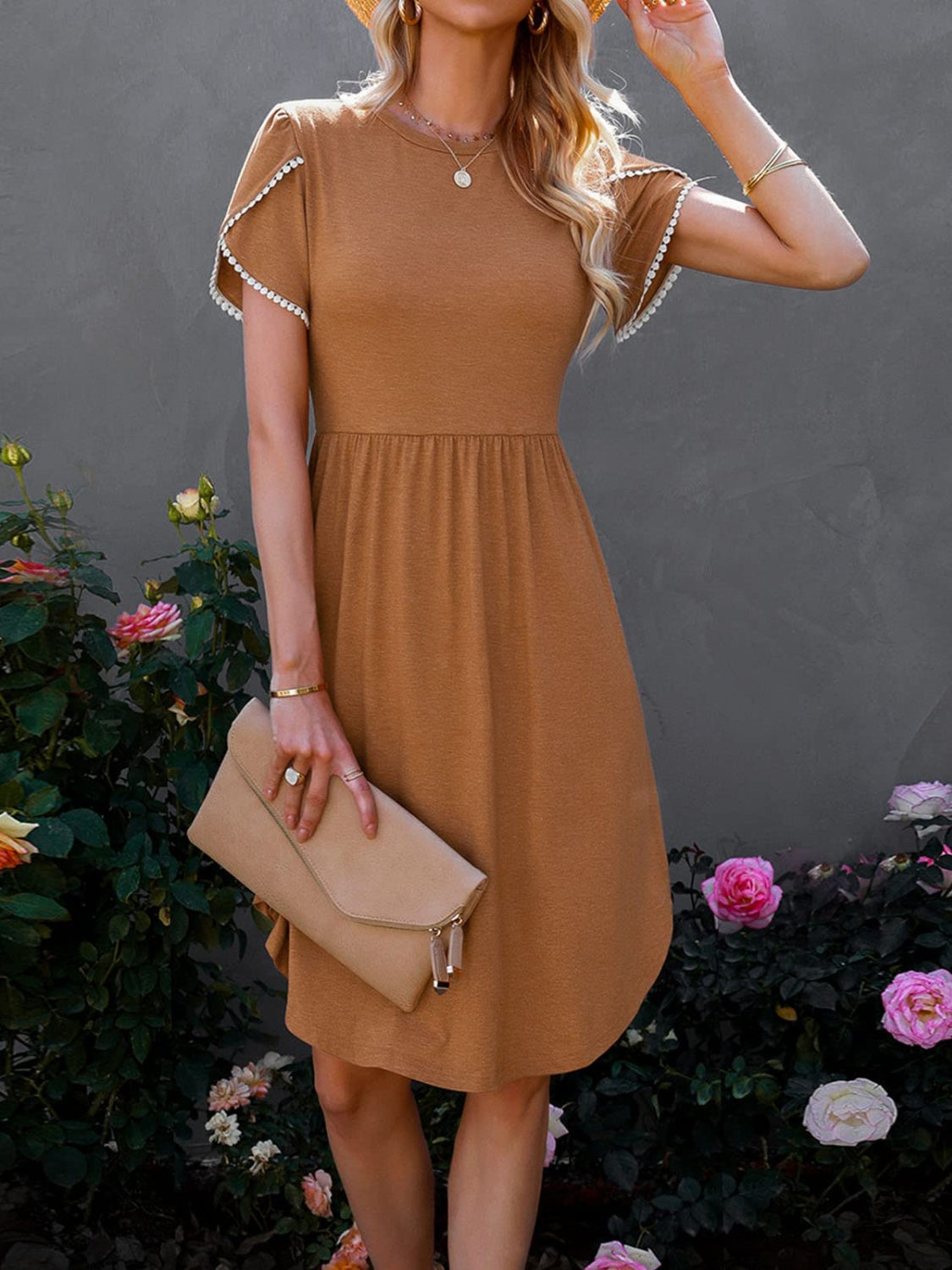 Round Neck Petal Sleeve Dress Caramel S 