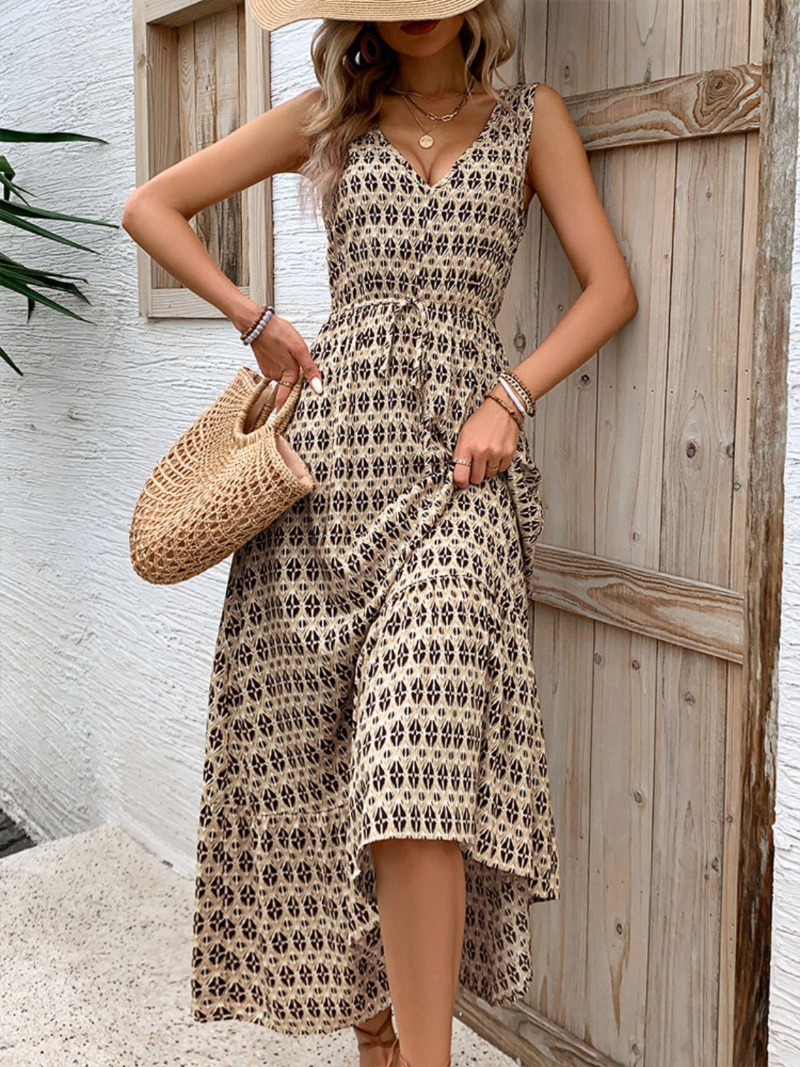 Printed V-Neck Tie Waist Midi Dress   