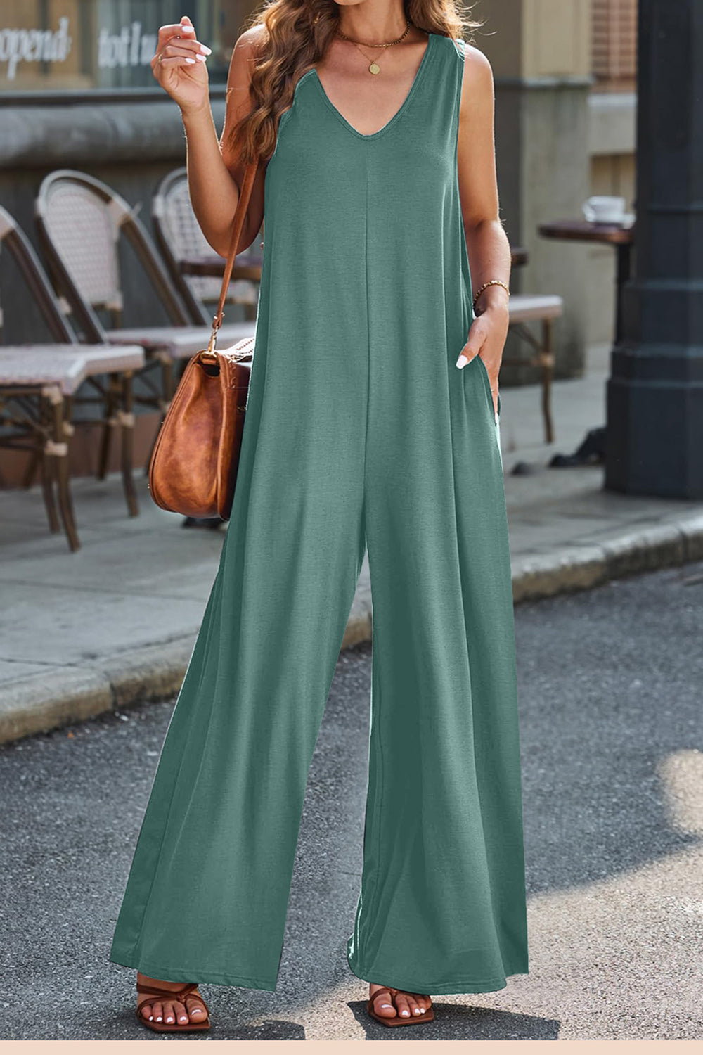 STUNNLY  Full Size V-Neck Wide Strap Jumpsuit   