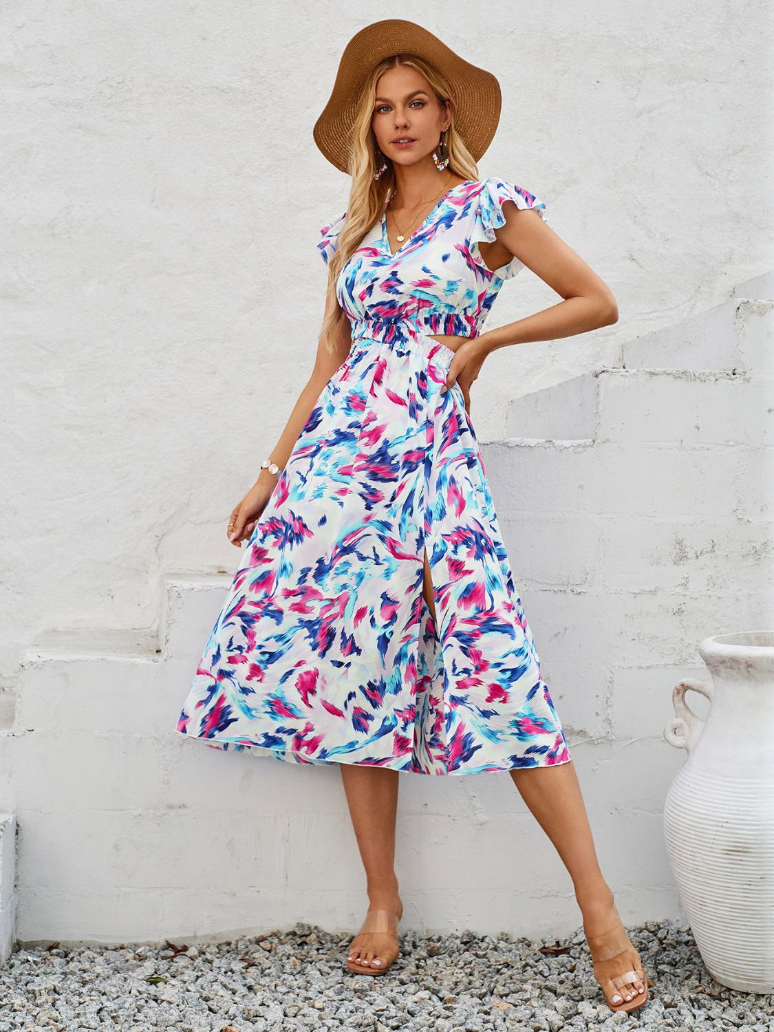 Cutout Slit Printed Cap Sleeve Dress   