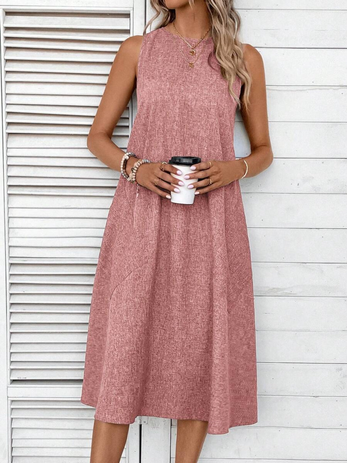 Full Size Pocketed Round Neck Sleeveless Dress Light Mauve S 