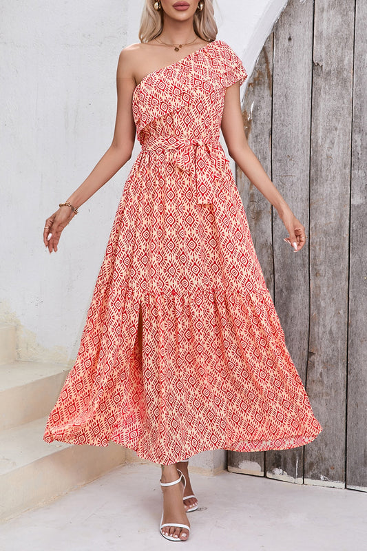 Slit Printed Single Shoulder Tie Waist Dress Coral S 