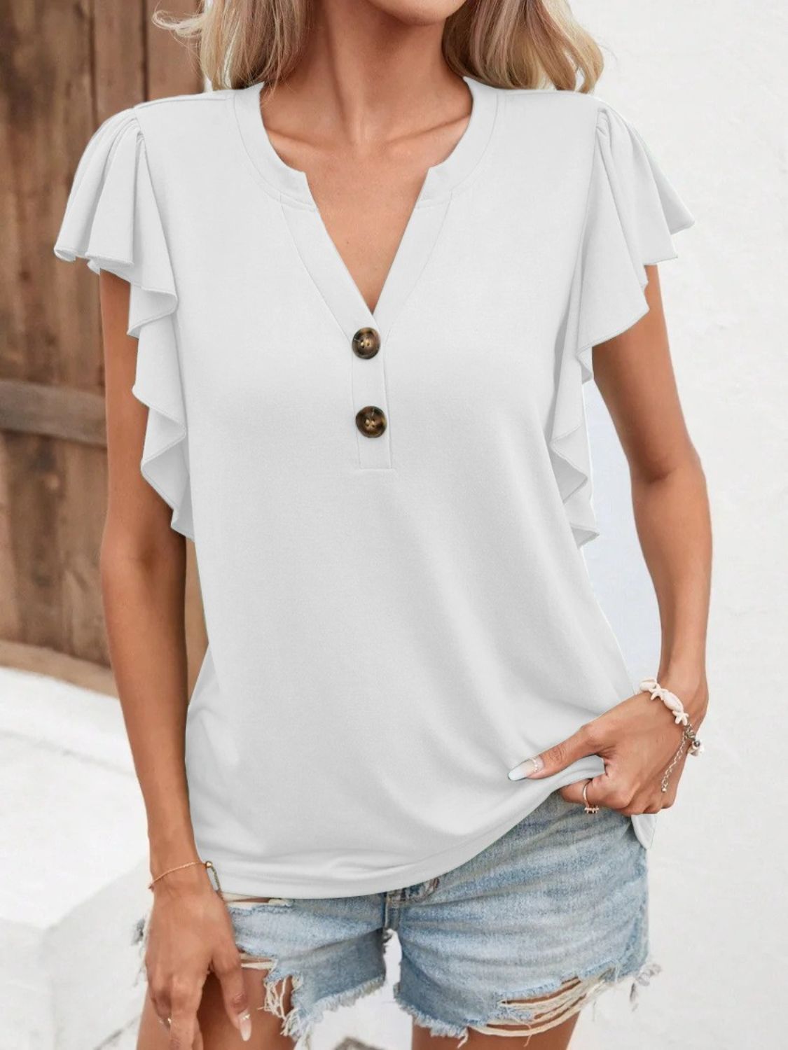 STUNNLY  Full Size Ruffled Notched Cap Sleeve T-Shirt White S 