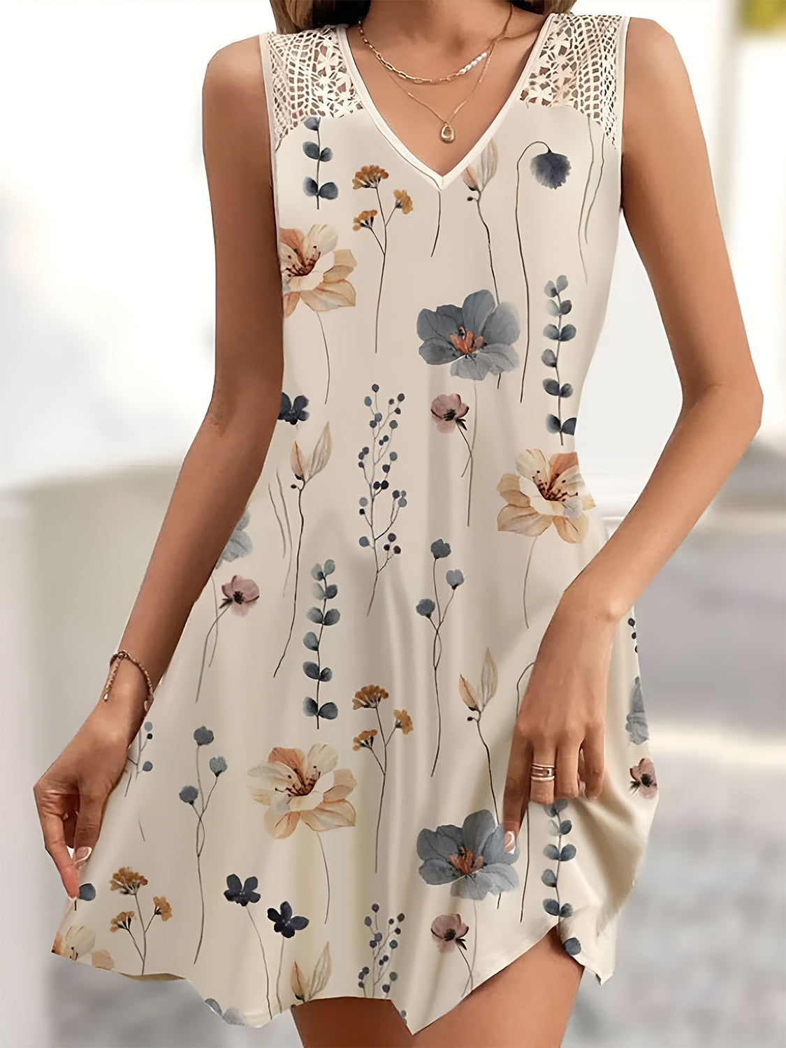 Printed V-Neck Sleeveless Mini Dress Tan S 