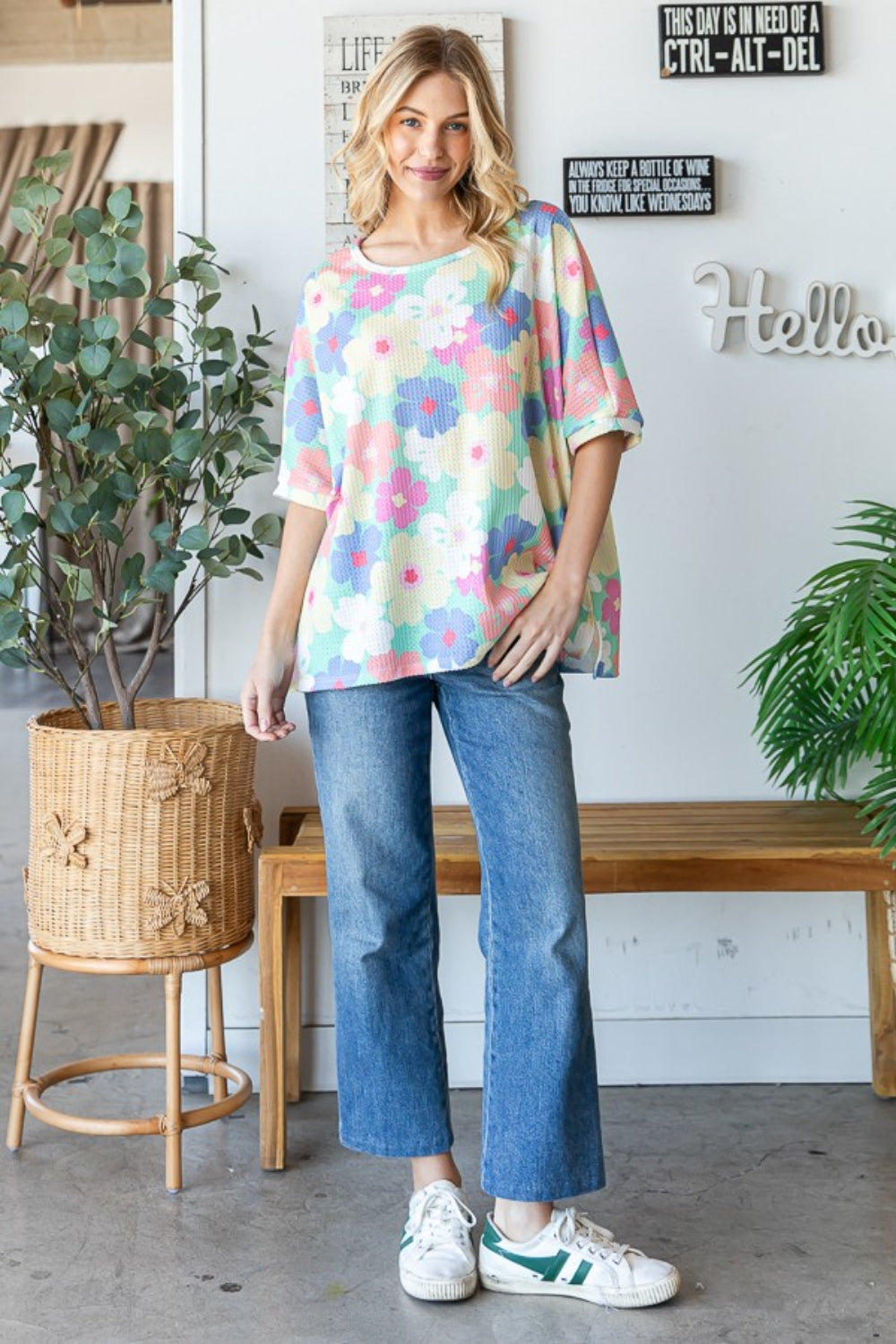 HOPELY Floral Waffle Oversized T-Shirt   