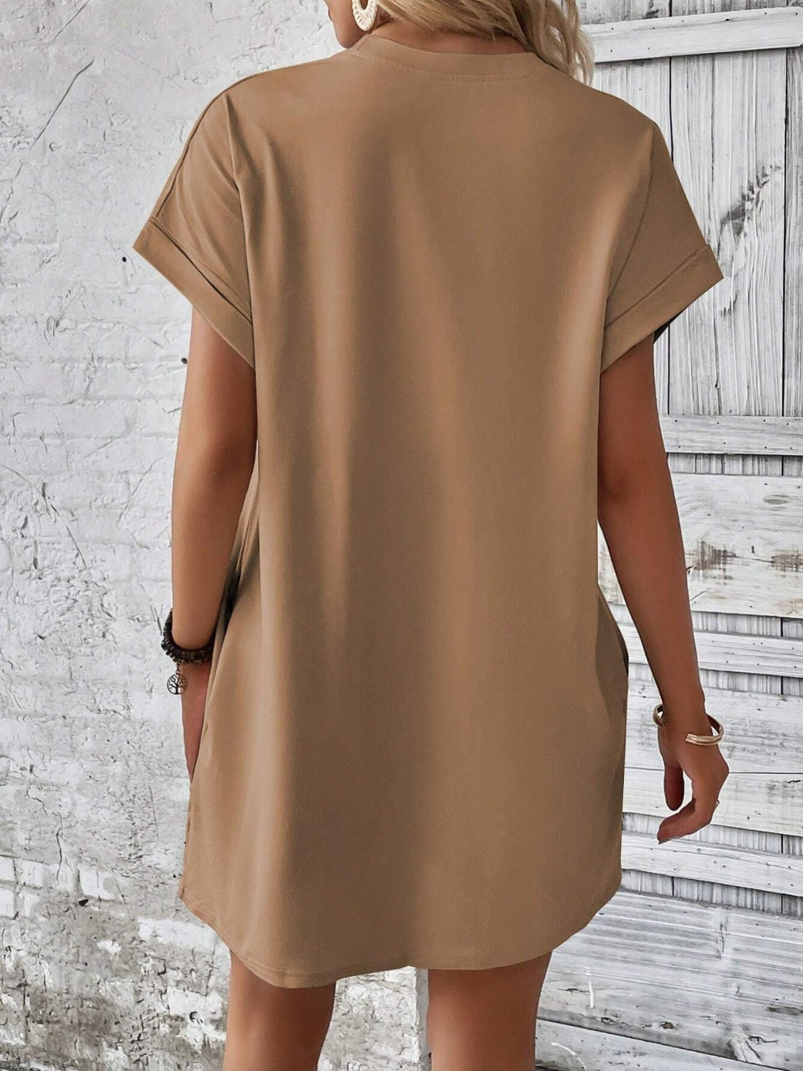 Round Neck Short Sleeve Mini Dress Camel S 