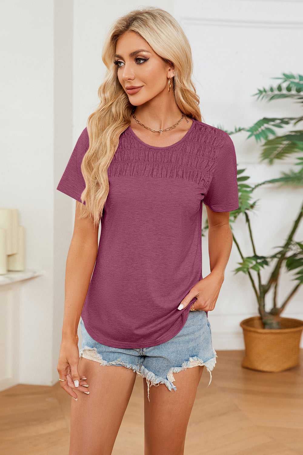 STUNNLY  Ruched Round Neck Short Sleeve T-Shirt   