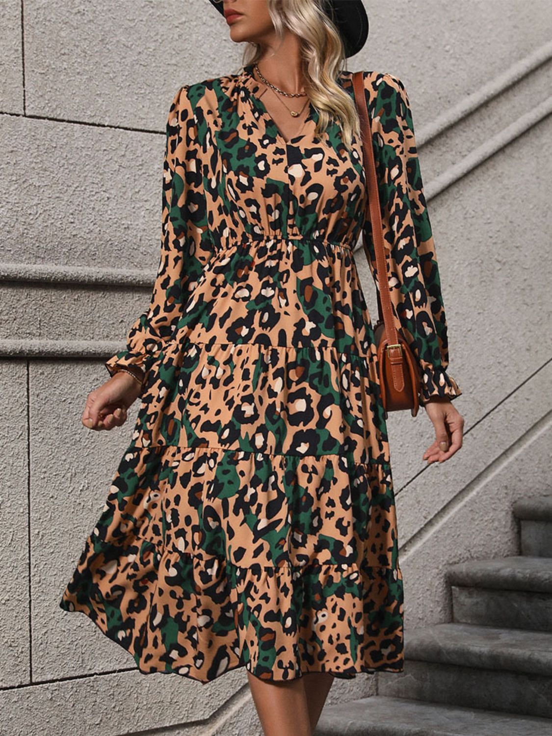 Leopard Notched Flounce Sleeve Midi Dress Camel S 