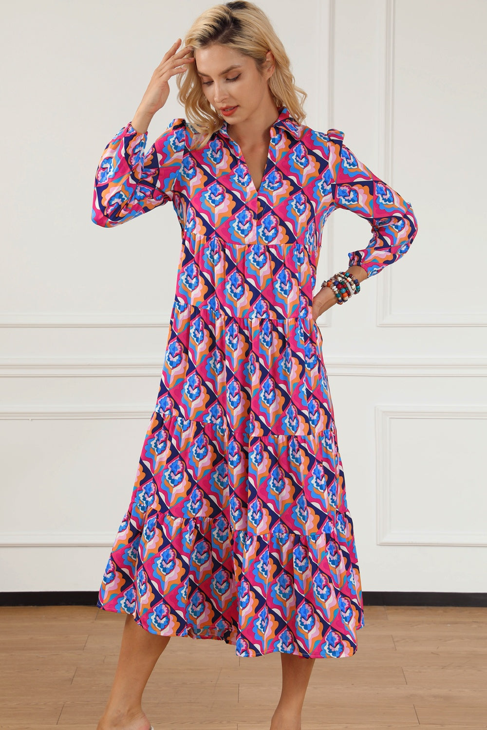 Printed Collared Neck Long Sleeve Midi Dress Vivid Violet S 