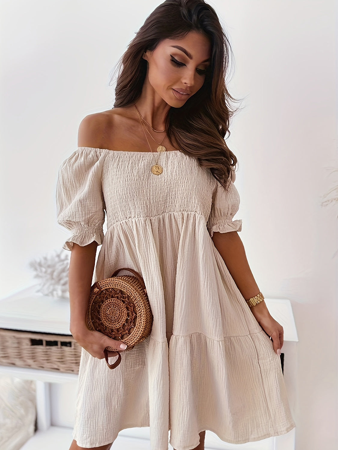 Full Size Ruffled Off-Shoulder Short Sleeve Dress Beige S 