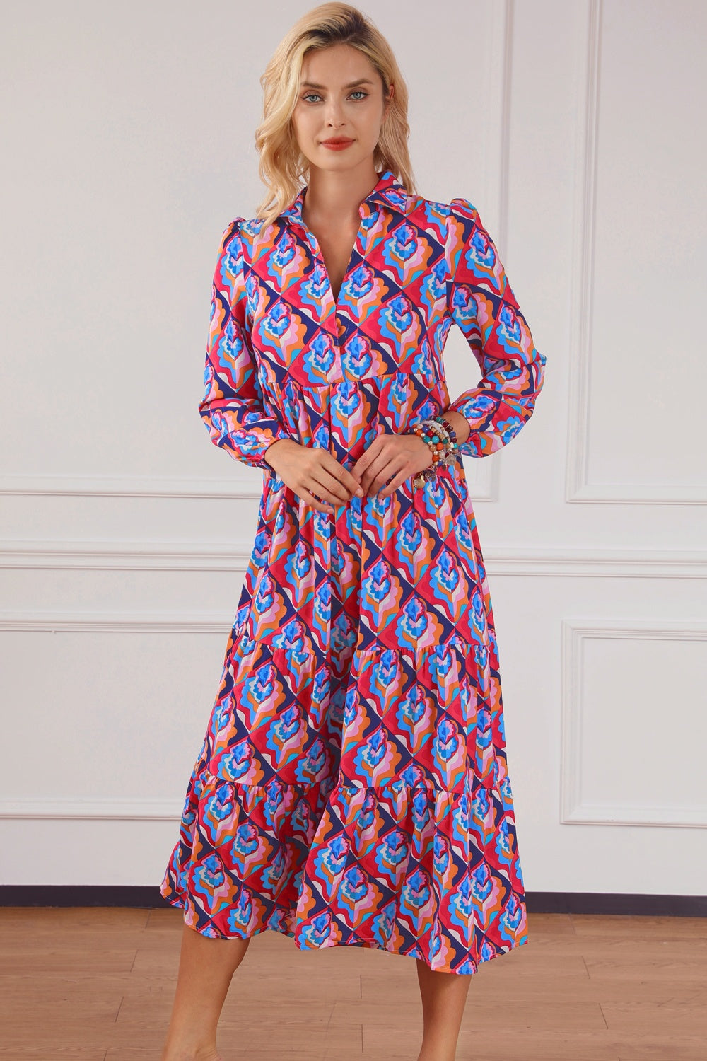 Printed Collared Neck Long Sleeve Midi Dress   